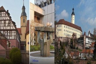 Bild zeigt das alte und neue Rathaus von Offenau rechts und links die Altstadt mit Schloss Hornek im Hintergrund von Gundelsheim