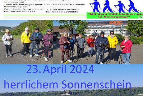 Bild zeigt die Nordic Walkinggruppe bei Sonnenschein in bunden Jacken