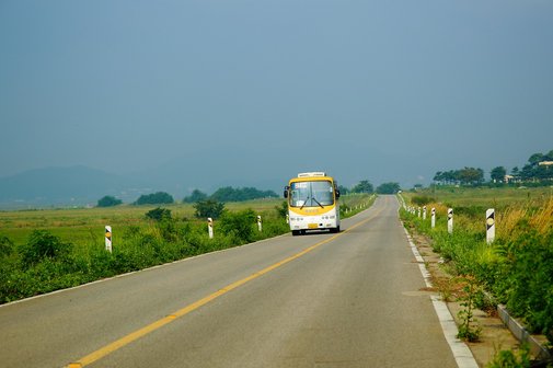 Reisebus auf der Straße inmitten grüner Landschaft