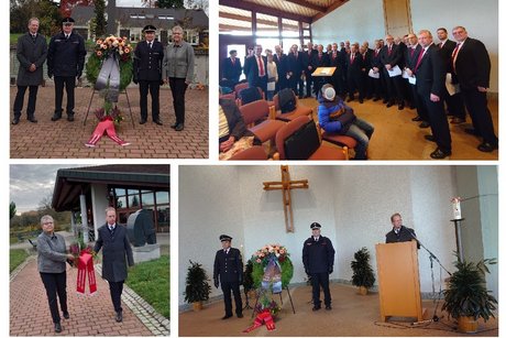Bild vom S&auml;ngerbund und vom Musikverein, Bild mit dem Kranz vom Ehrenmal mit Ehrenwache der Feuerwehr und Vertreter des VDK und der Stadt, hBild von Besuchern der Fierstunde in der Aussegnungshalle, Bild der Ehrenwache am Kranz mit Kreuz im Hintergund und Redner am Pult