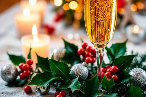 Mistelzweig mit Kerze und Sekt