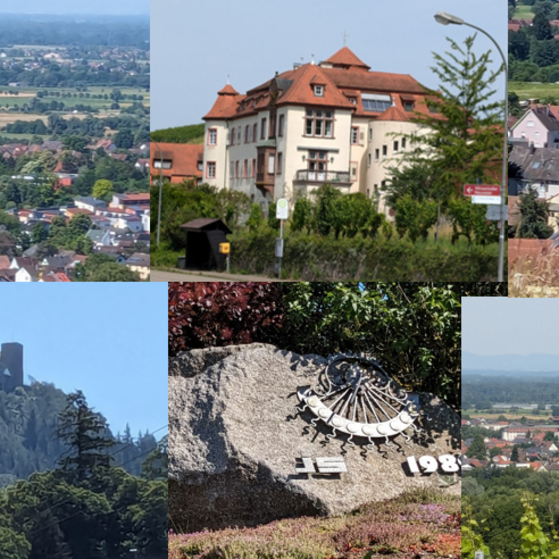 man sieht links oben eine Luftaufnahme von Steinbach, mittig oben das Neuweirer Schloss, rechts oben den Blick nach Varnhalt, links unten die Yburg, die von jedem Ortsteil im Blickfeld ist, mittig unten die Sonnenuhr und rechts unten einen Luftaufnahme vom Sinzheimer Hauptort