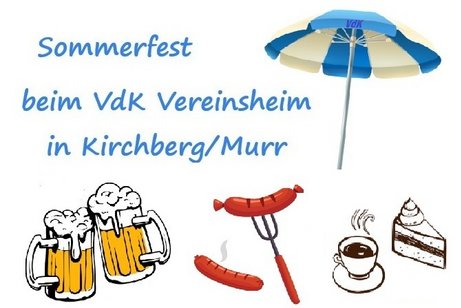 Symbolbild Sommerfest, Sonnenschirm blau/weiß, Bierkrüge, Rote Wurst, Kaffeetasse und Kuchen