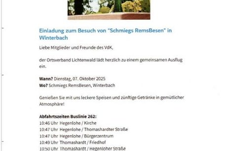Einladung u. nähere Einzelheiten zum Halbtagesausflug zu „Schmiegs Rems-Besen“