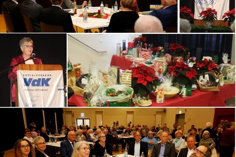 Bildercollage: Ehreng&auml;ste am vorderen Tisch, Band "Just 4 fun", Redner und Tombolapreise