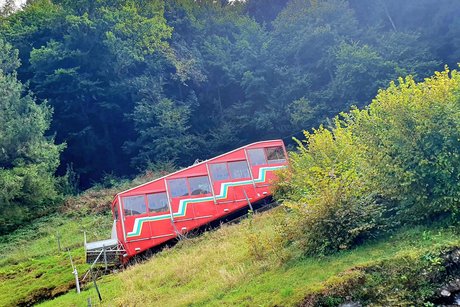 Ein roter bahnwaagen f&auml;hrt einen sehr steilen, grasbewachsenen Berg hinunter zum See.