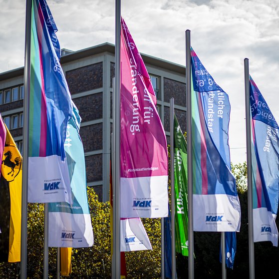 Sozialverband VdK Sozialpolitik Fahnen vom Sozialverband VdK wehen im Wind, in den Farben blau, magenta, grün und türkis.