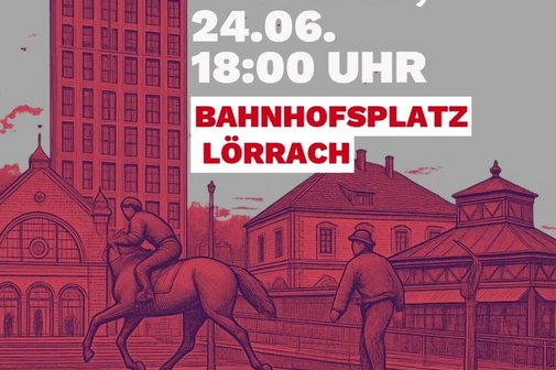 "Es reicht" Plakatmotiv: Perspektive vom Bahnhofsplatz, wie gezeichnet mit dunkelrotem Hintergrund die zu sehenden Gebäude, darauf die Demoinfos und Logos der Aufrufenden
