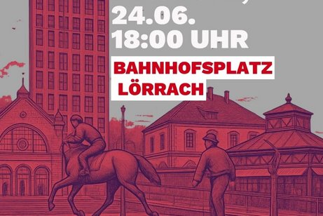 Plakatmotiv: Perspektive vom Bahnhofsplatz, wie gezeichnet mit dunkelrotem Hintergrund die zu sehenden Geb&auml;ude, darauf die Demoinfos und Logos der Aufrufenden