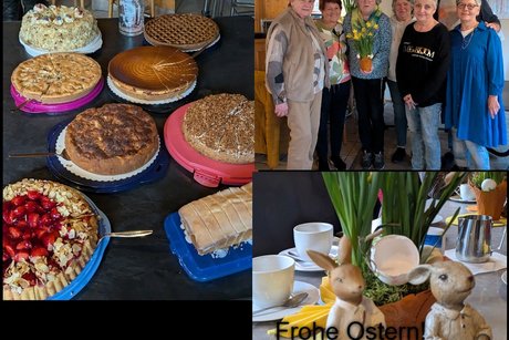 Gruppe mit Menschen, Kuchenbuffet