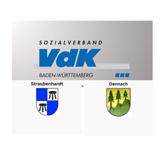 Logo des Sozialverbands VdK Baden-Württemberg, darüber in Großbuchstaben der Schriftzug 'Sozialverband VdK'. Unterhalb des Logos sind die Wappen von Straubenhardt (links) und Dennach (rechts) abgebildet. Das Wappen von Straubenhardt zeigt zwei blaue Felder mit einer silbernen und schwarzen Sitzgelegenheit, während das Wappen von Dennach drei grüne Tannen auf einem grünen Hügel darstellt.