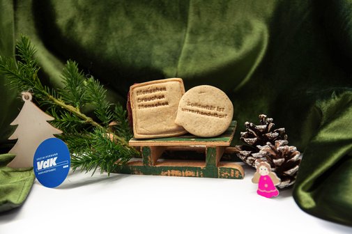 Nahaufnahme eines kleinen Schlittens, auf dem zwei Pl&auml;tzchen stehen. Auf diesen steht geschrieben: "Menschen brauchen Menschen" und "Solidarit&auml;t ist unverhandelbar!". Neben dem Schlitten ist es weihnachtlich dekoriert, mit einer gr&uuml;nen samtigen Decke, einem Tannenzweig sowie Tannenzapfen.