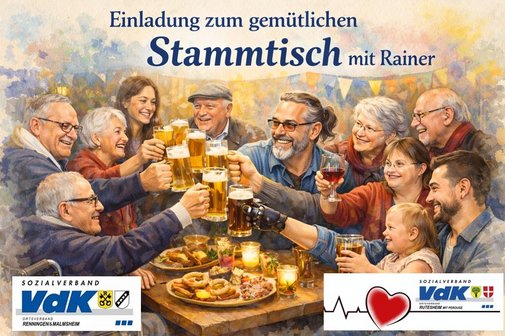 Stammtisch mit Rainer Das Bild zeigt verschiedene Menschen in verschiedenen Lebenslagen, die sich fröhlich an einem Tisch zu prosten.