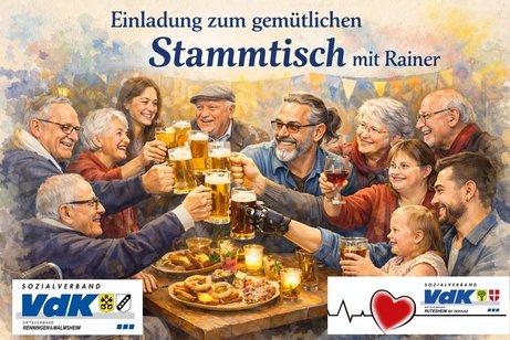 Das Bild zeigt verschiedene Menschen in verschiedenen Lebenslagen, die sich fr&ouml;hlich an einem Tisch zu prosten.