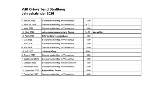 VdK OG Straßberg Jahresprogramm 2026 VdK OG Straßberg Jahresprogramm 2026