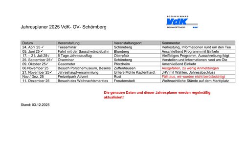 Jahresprogramm 2025 des VDK Schömberg x