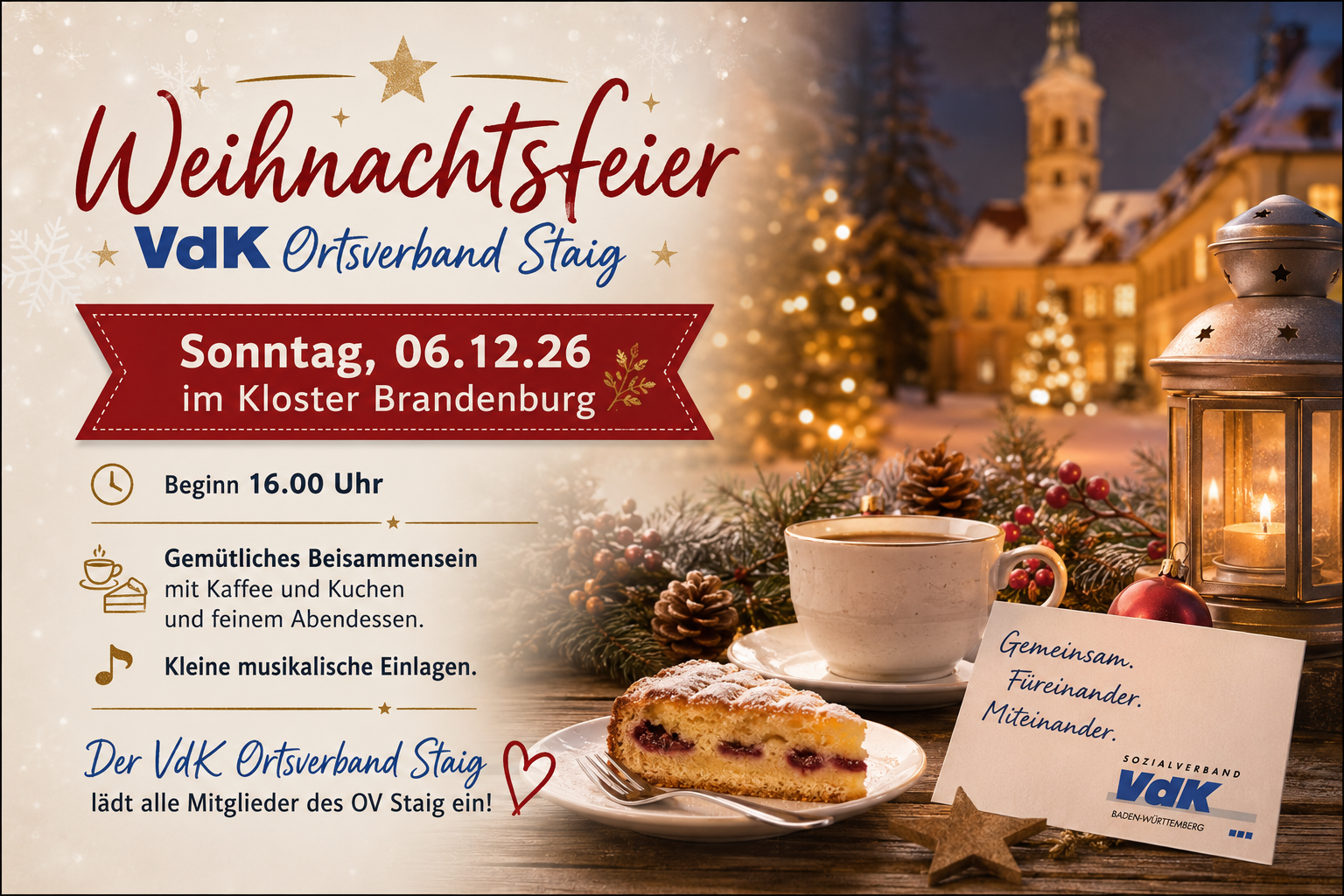 KI-Bild: Einladung, Kuchen, weihnachtlicher Hintergrund