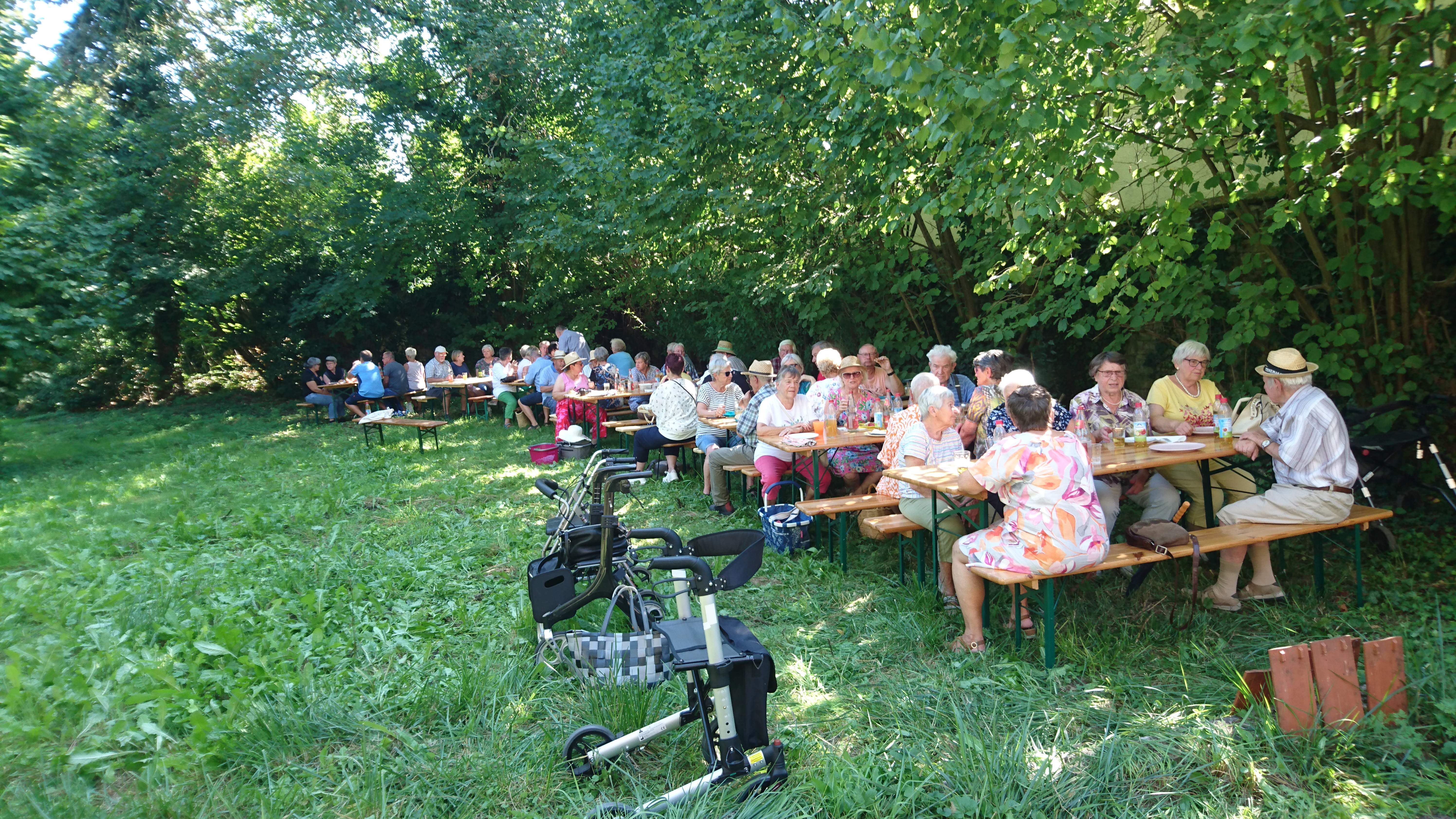 Mitglieder und Gäste des VdK sitzen an Biertischen beim Grillfest im Garten des Rauenberger Winzermuseums.