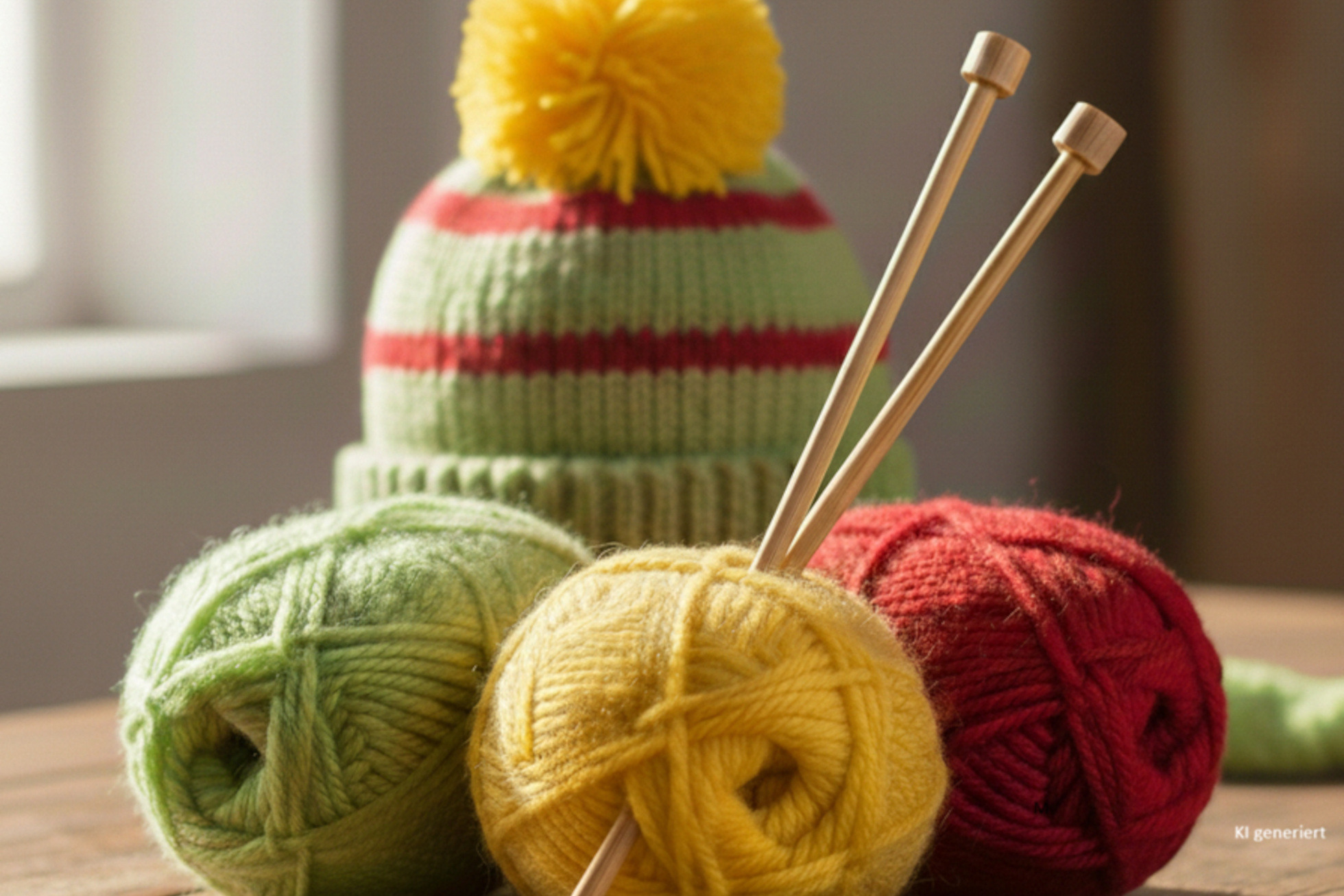 Eine gestrickte Pudelm&uuml;tze hinter drei bunten Wollkn&auml;ueln mit Stricknadeln