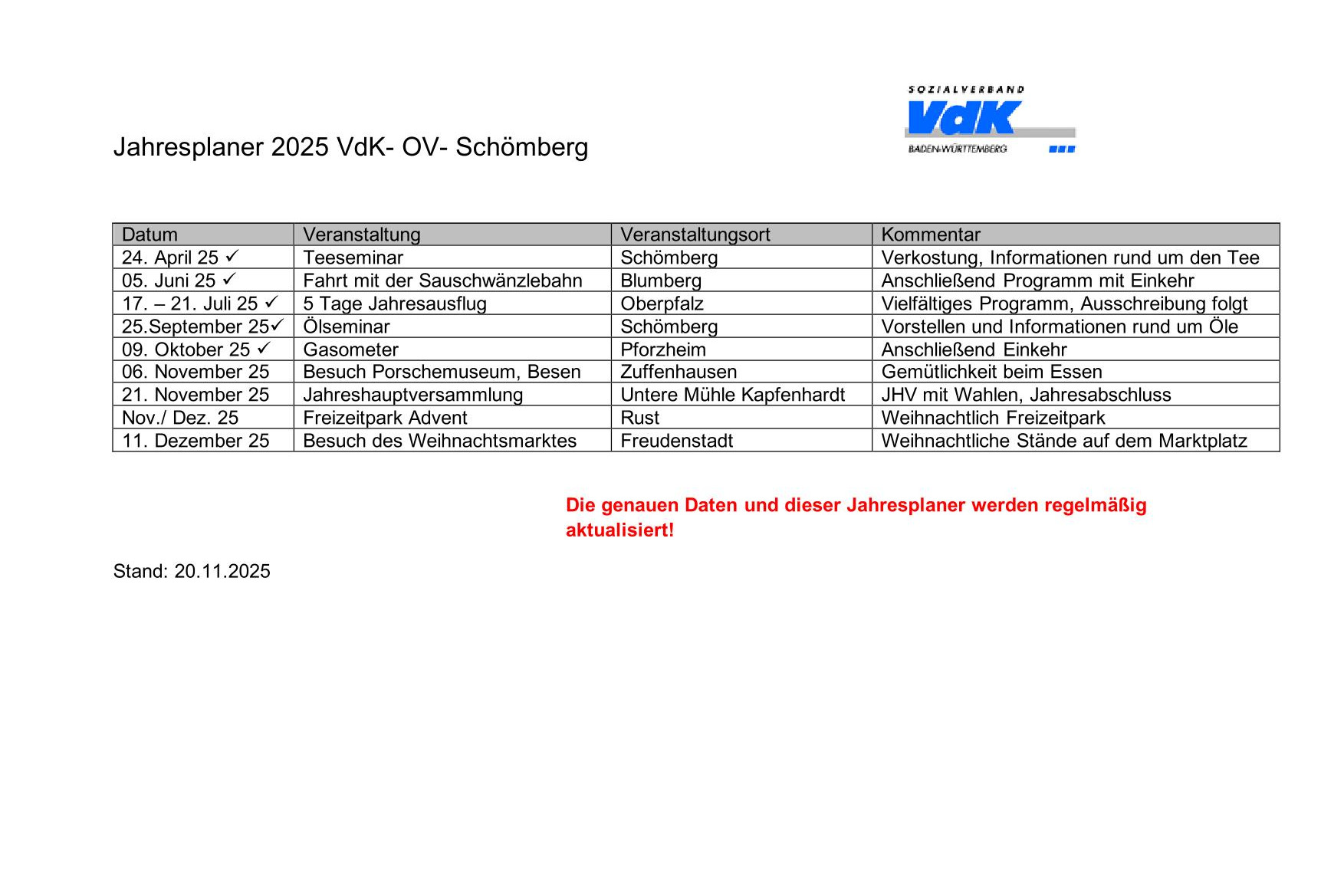 Jahresprogramm 2025 des VDK Schömberg x