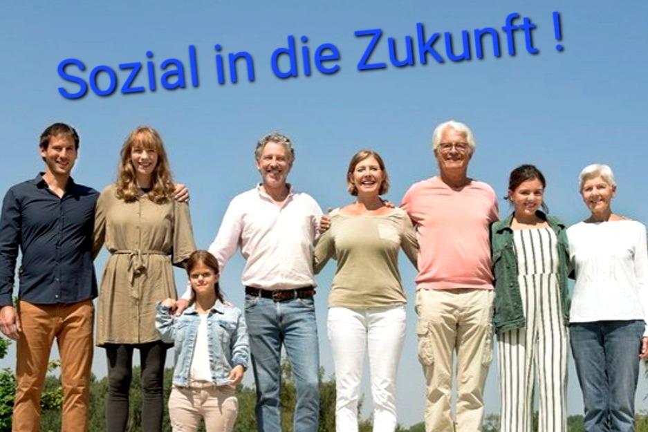 Jung und Alt, groß und klein, mit handicap und ohne stehen Arm in Arm vor blauem Himmel. Die Überschrift lautet : "sozial in die Zukunft."