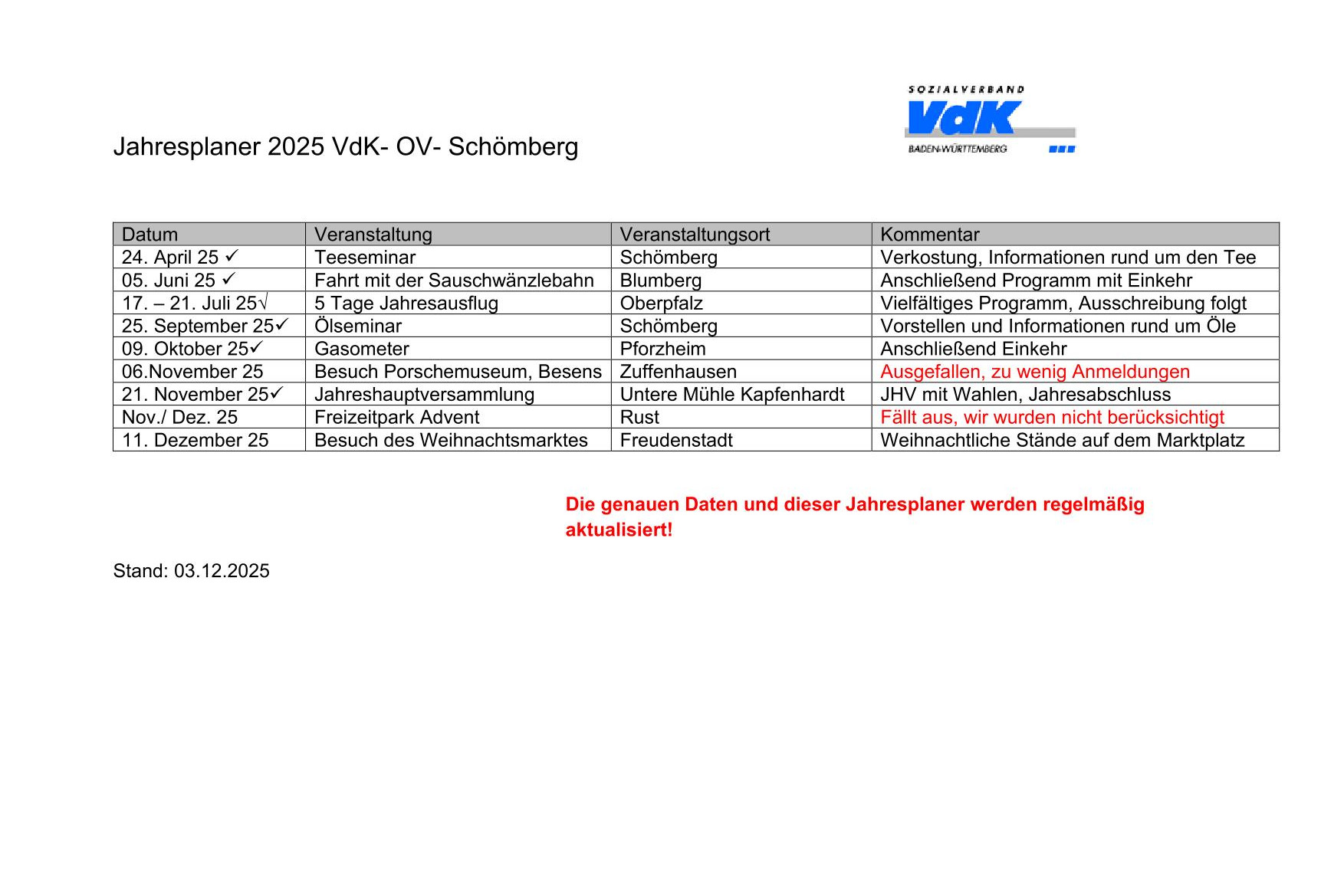 Jahresprogramm 2025 des VDK Schömberg x