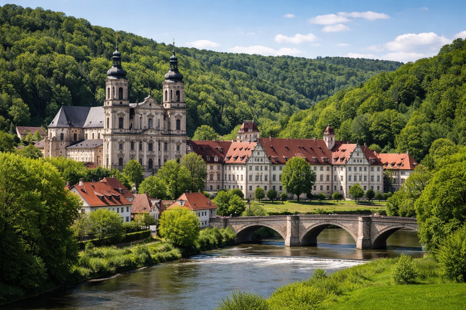 Kloster Schöntal Kloster Schöntal. Im Vordergrund Fluss mit Brücke