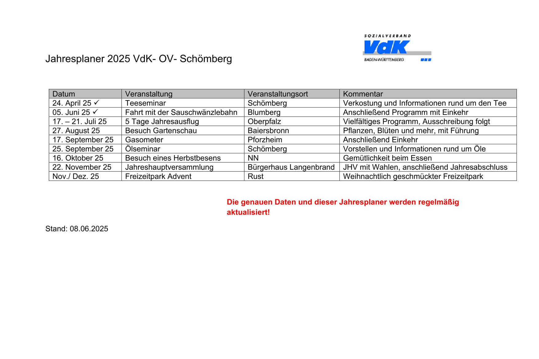 Jahresprogramm 2025 des VDK Schömberg x