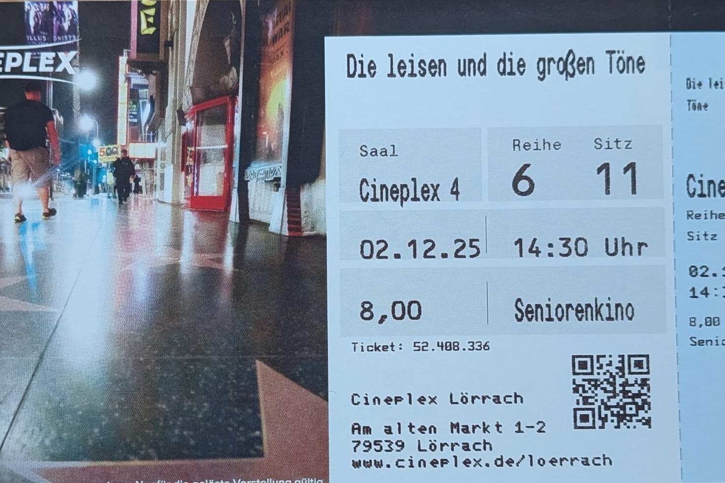 Eine der 10 reservierten Kinokarten im Cineplex 4 Eine der 10 reservierten Kinokarten im Cineplex 4