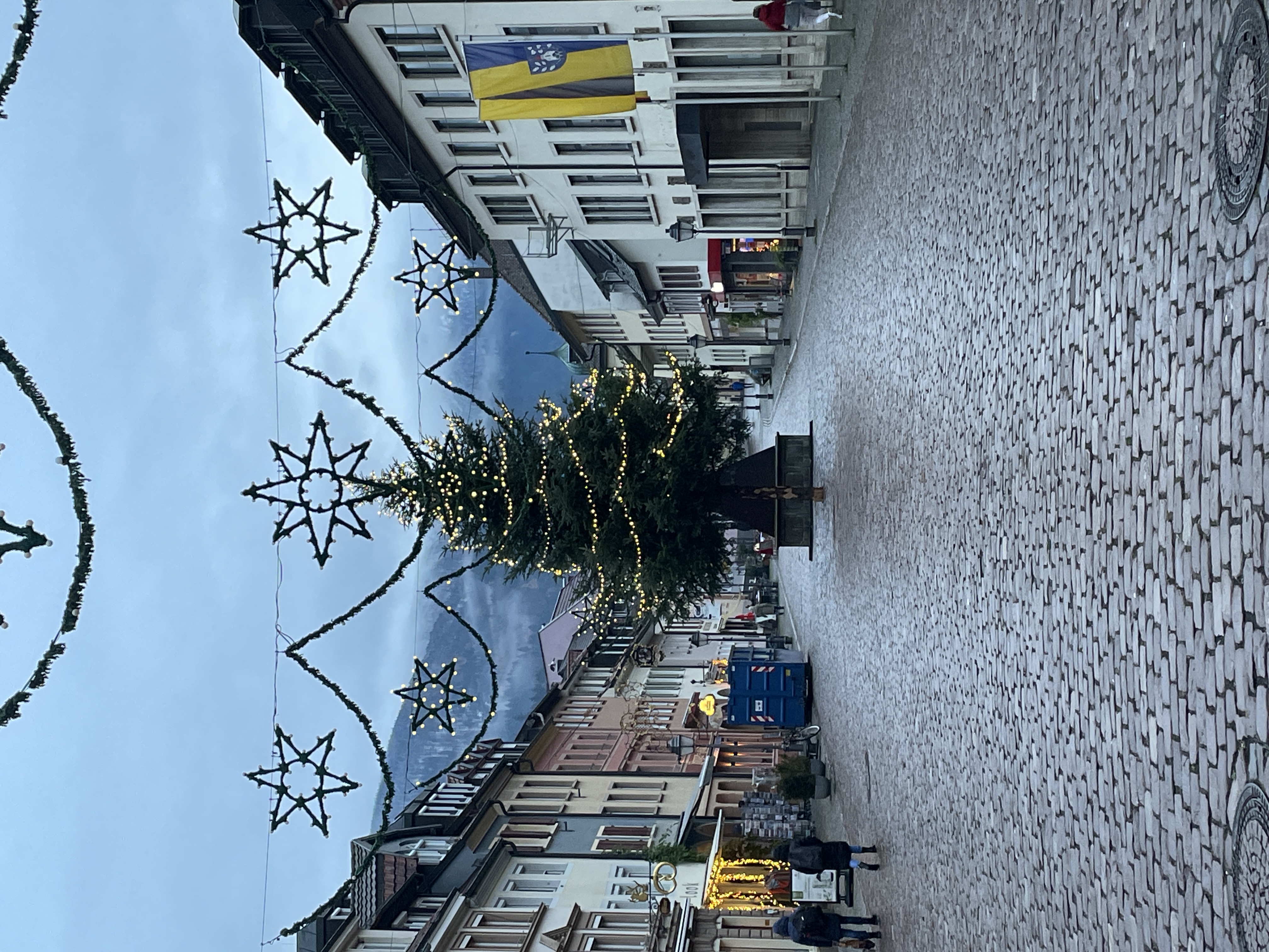 Weihnachtliche Stimmung auf dem Markt mit geschmückter Tanne