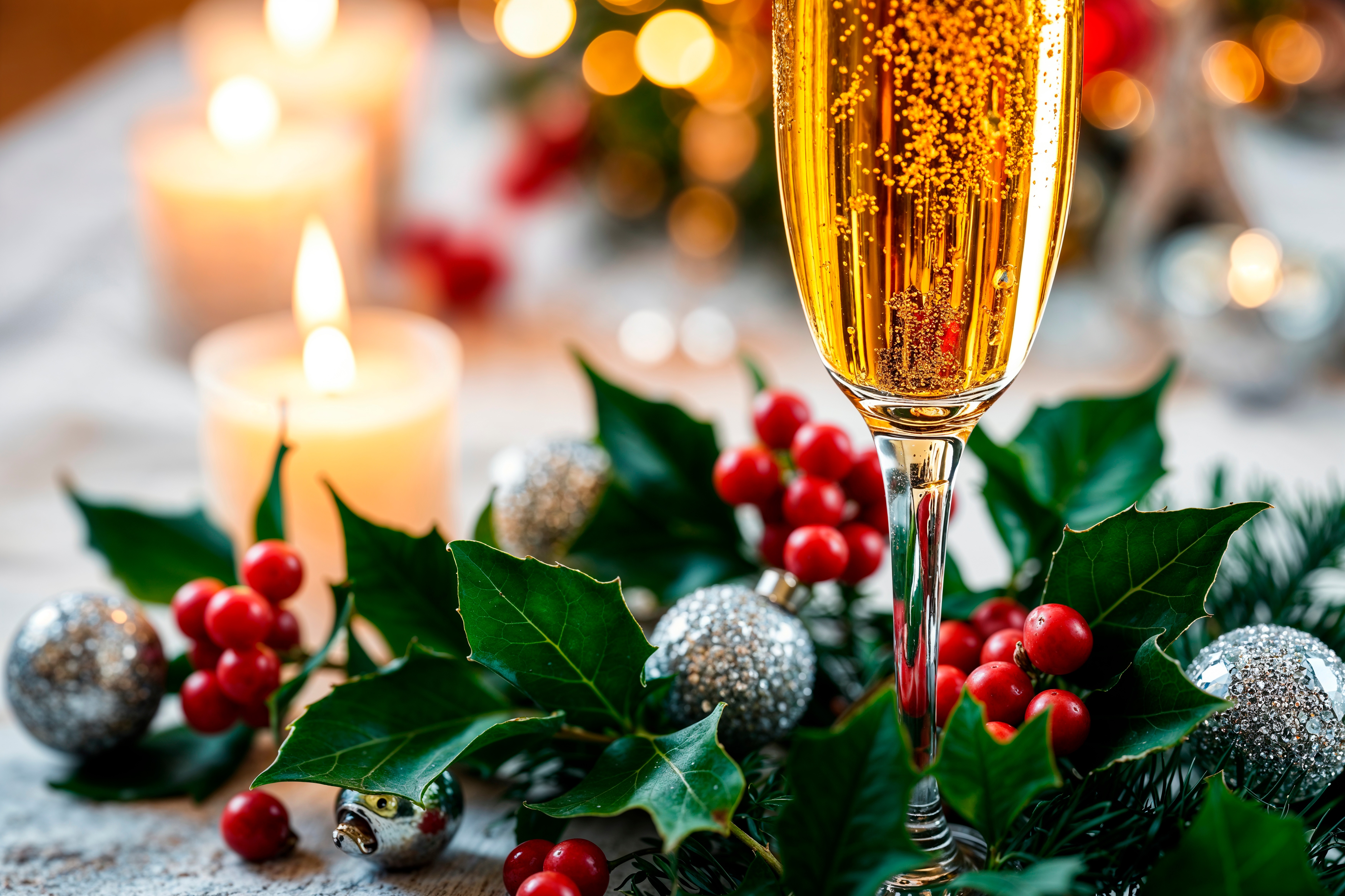 Mistelzweig mit Kerze und Sekt