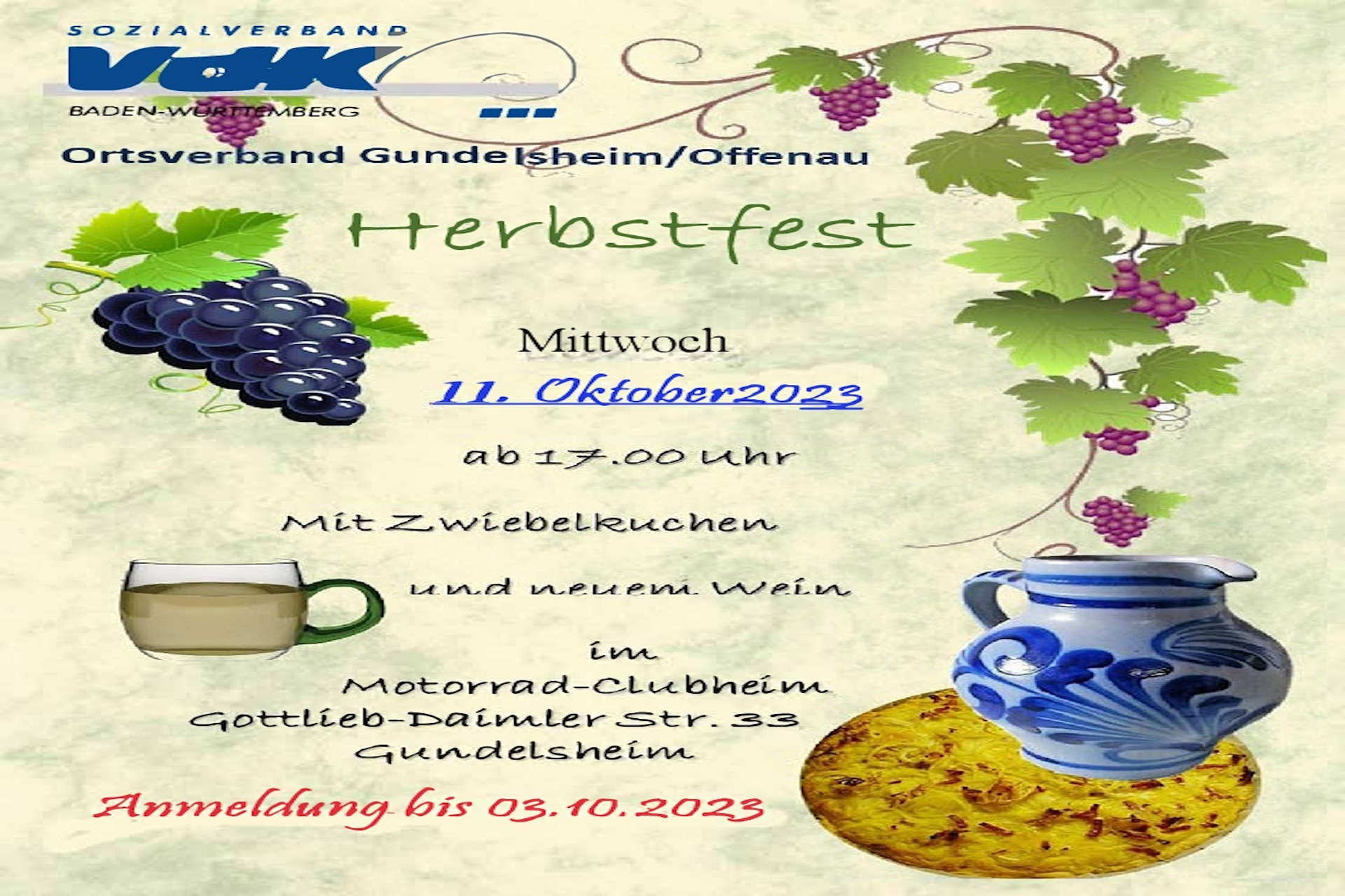 Festplakat zeigt einen Wein-Krug und einen Zwiebelkuchen