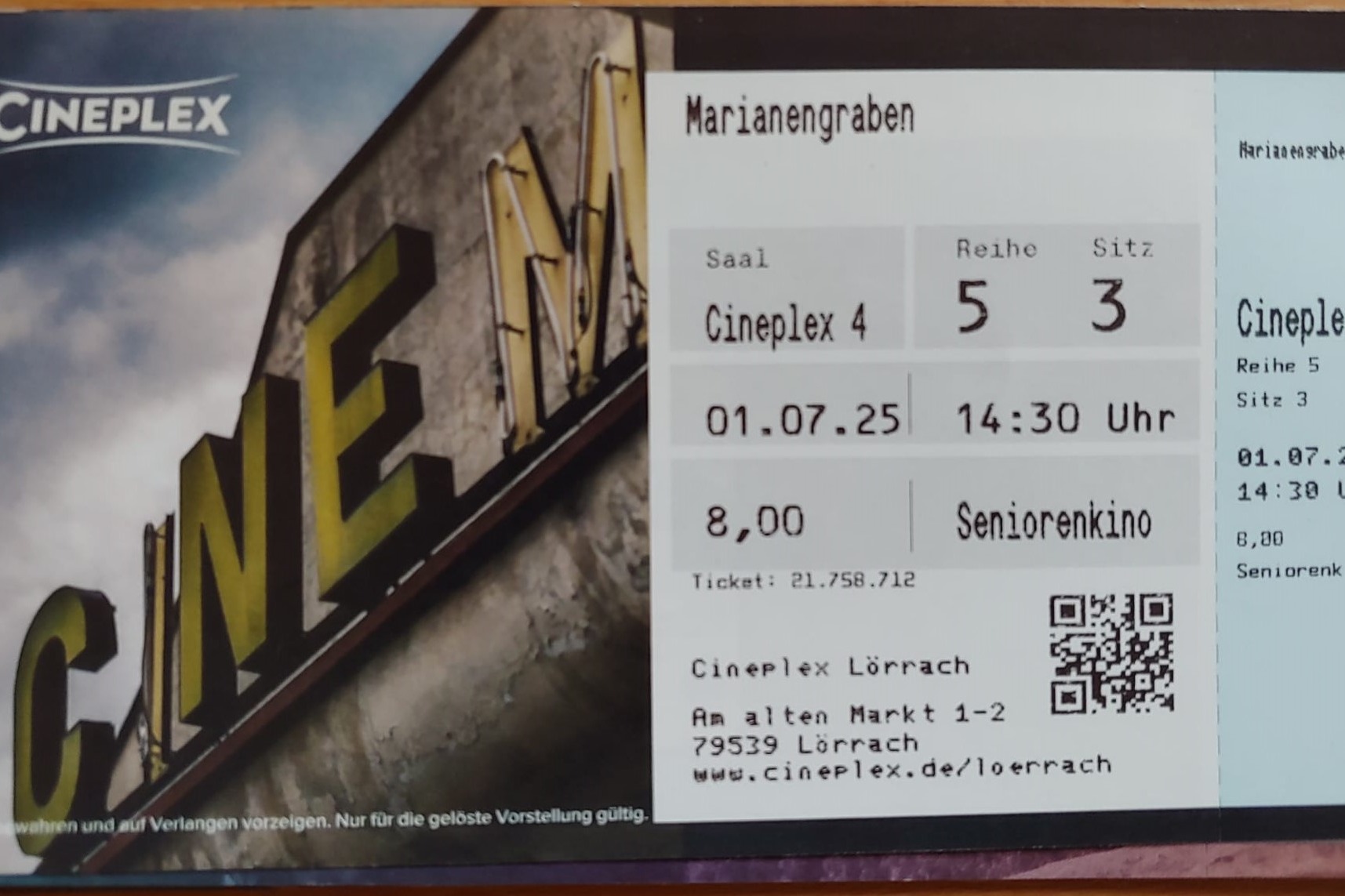 eine der 10 reservierten Kinokarten im Cineplex 4 eine der 10 reservierten Kinokarten im Cineplex 4