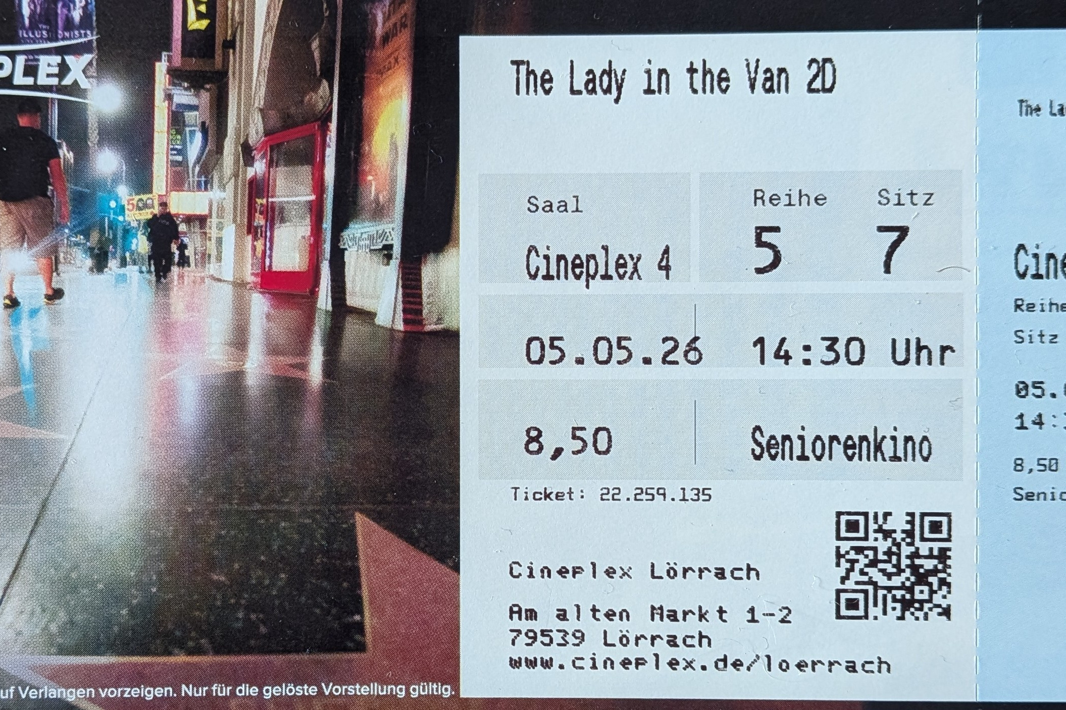 Eine der 10 reservierten Kinokarten im Cineplex 4