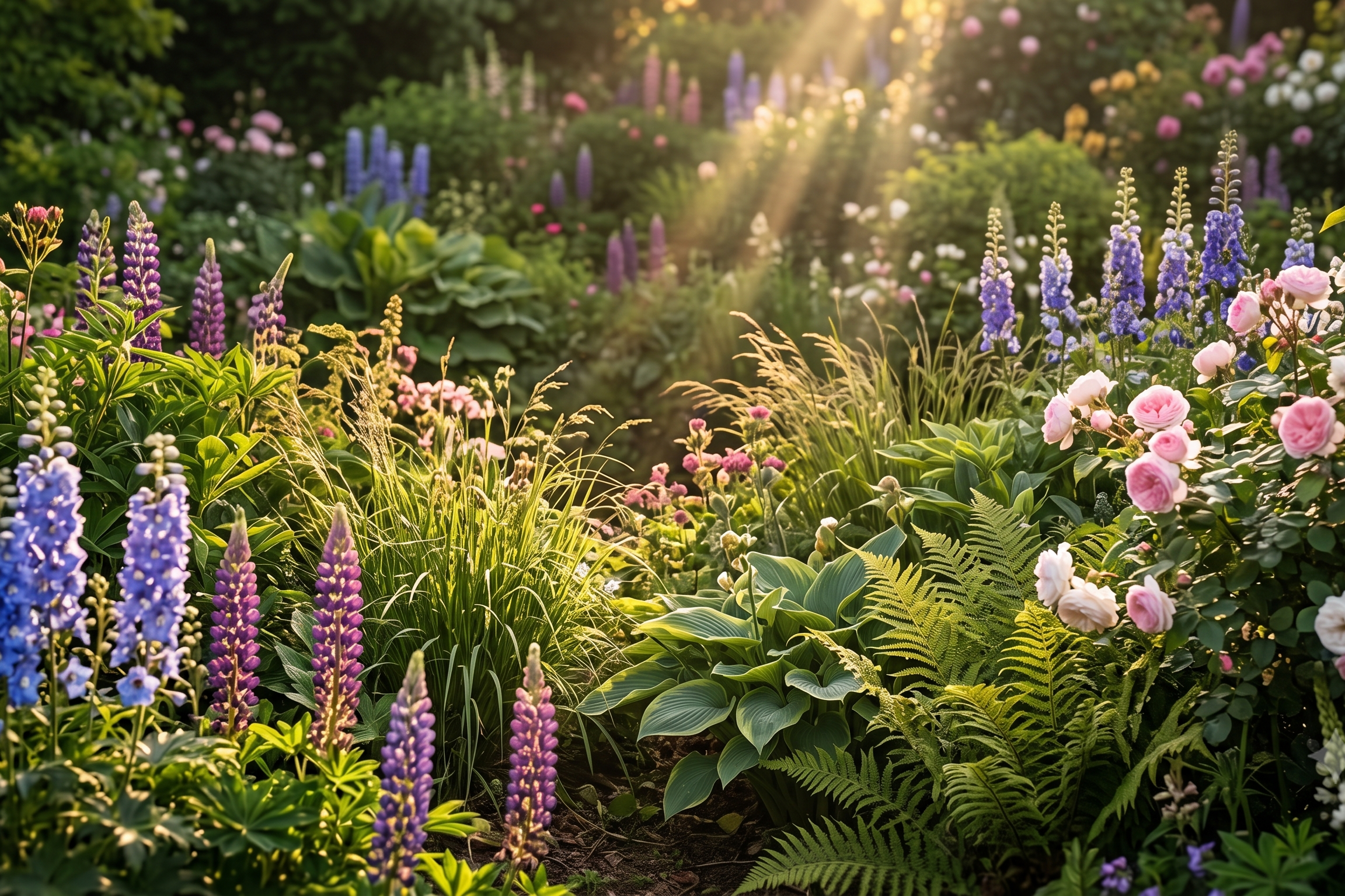 Eine detaillierte Aufnahme eines &uuml;ppigen, dichten Sommergartens, der von warmem, goldenem Sonnenlicht durchflutet wird. Im linken Vordergrund stehen hohe, &auml;hrenf&ouml;rmige Bl&uuml;tenst&auml;nde von Lupinen in tiefen Blau- und Violettt&ouml;nen. Rechts davon bl&uuml;hen B&uuml;sche mit zartrosa und cremewei&szlig;en Rosen. Im Zentrum wachsen gro&szlig;e, dunkelgr&uuml;ne Farne und Funkien (Hosta). Von rechts oben brechen ausgepr&auml;gte Sonnenstrahlen (Lichtstrahlen/God Rays) durch die Bl&auml;tter, erleuchten einzelne Grashalme und Bl&uuml;ten und erzeugen ein Gef&uuml;hl von magischer Tiefe. Die Vegetation ist dicht und vielf&auml;ltig, mit weiteren verschwommenen Bl&uuml;ten im Hintergrund. Die Szene ist wild und naturbelassen, was eine friedliche und verzauberte Atmosph&auml;re schafft.