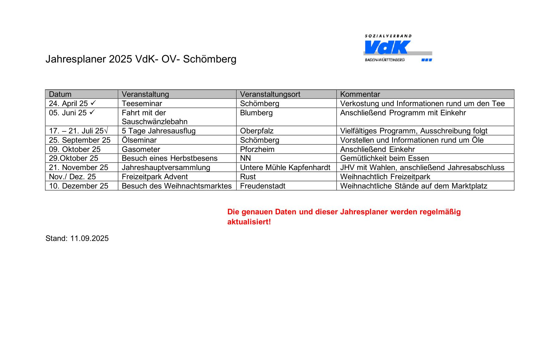 Jahresprogramm 2025 des VDK Schömberg x