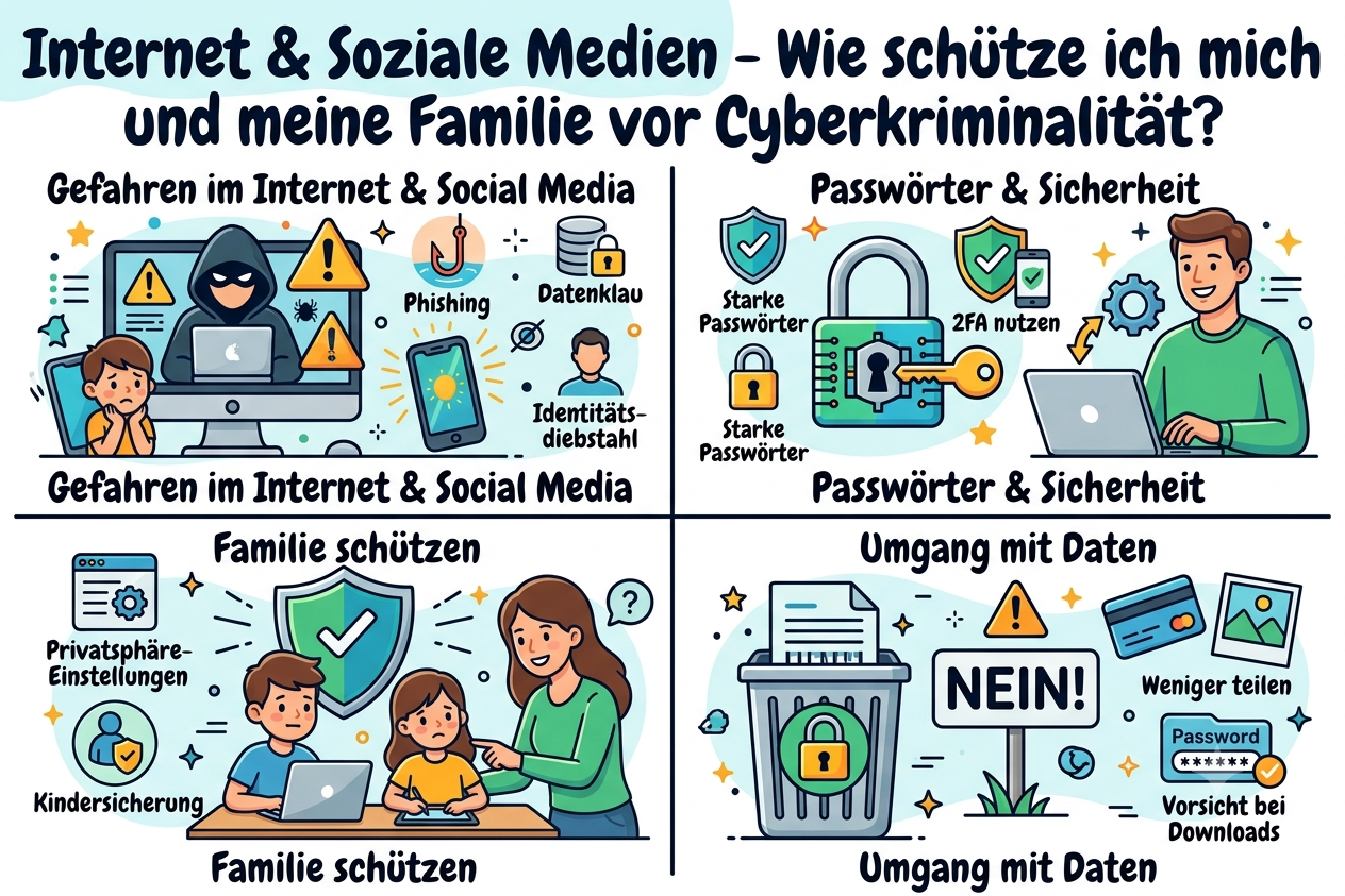 Einladung zum Vortrag "Internet und Soziale Medien - Wie schütze ich mich und meine Familie vor Cyberkriminalität?" Hier ist eine mit KI generierte Bildkomposition als Einladung zum Vortrag zu sehen