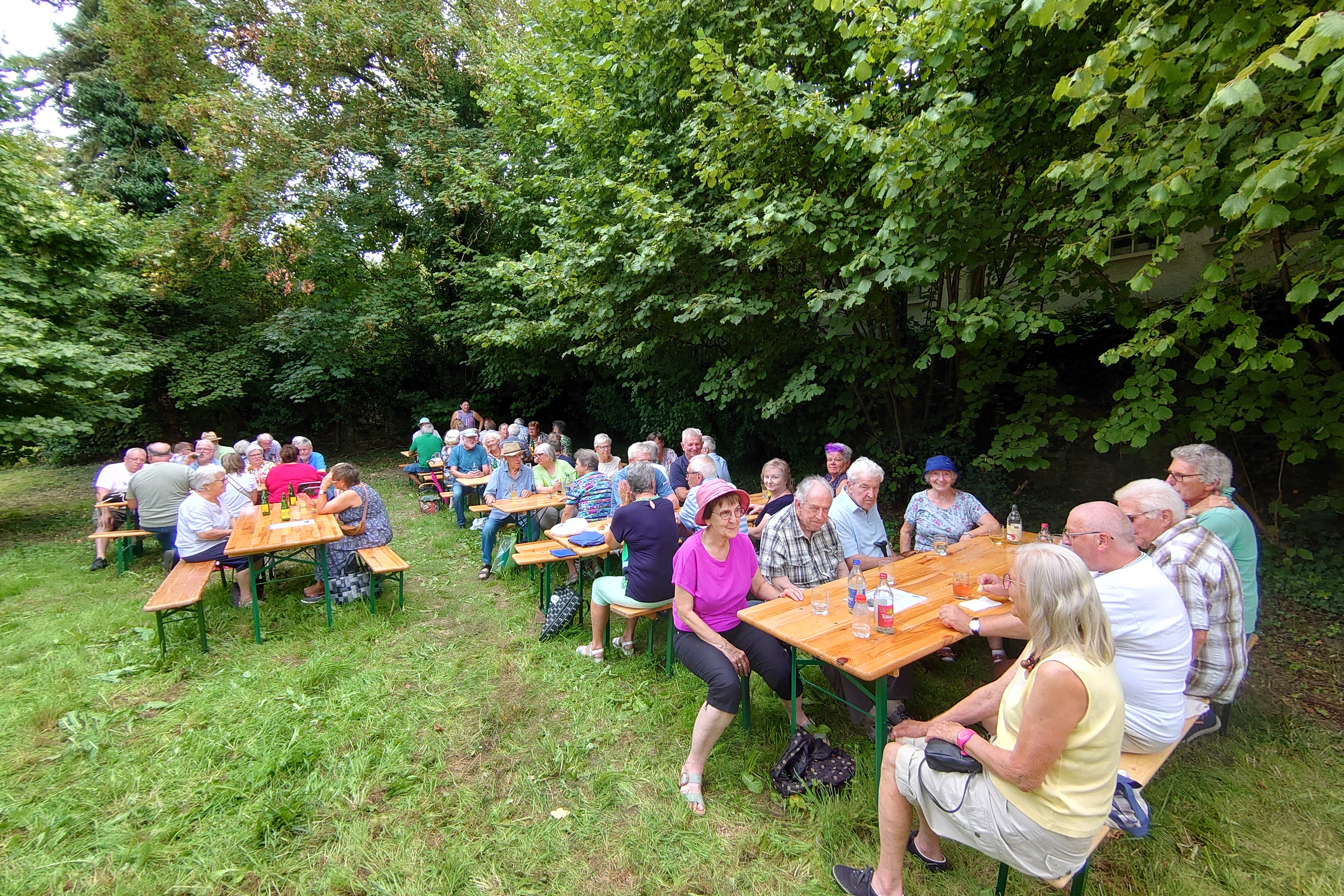 Gäste sitzen an Bierbänken im Winzermuseumsgarten