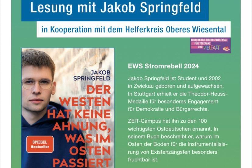 Einladung zur Lesung mit Jakob Springfeld Plakatmotiv mit einem Foto von Jakob Springfelds zweitem Buch, darauf ist sein Gesicht abgebildet und der Buchtitel "Der Westen hat keine Ahnung, was im Osten passiert - warum das Erstarken der Rechten eine Bedrohung für uns alle ist"