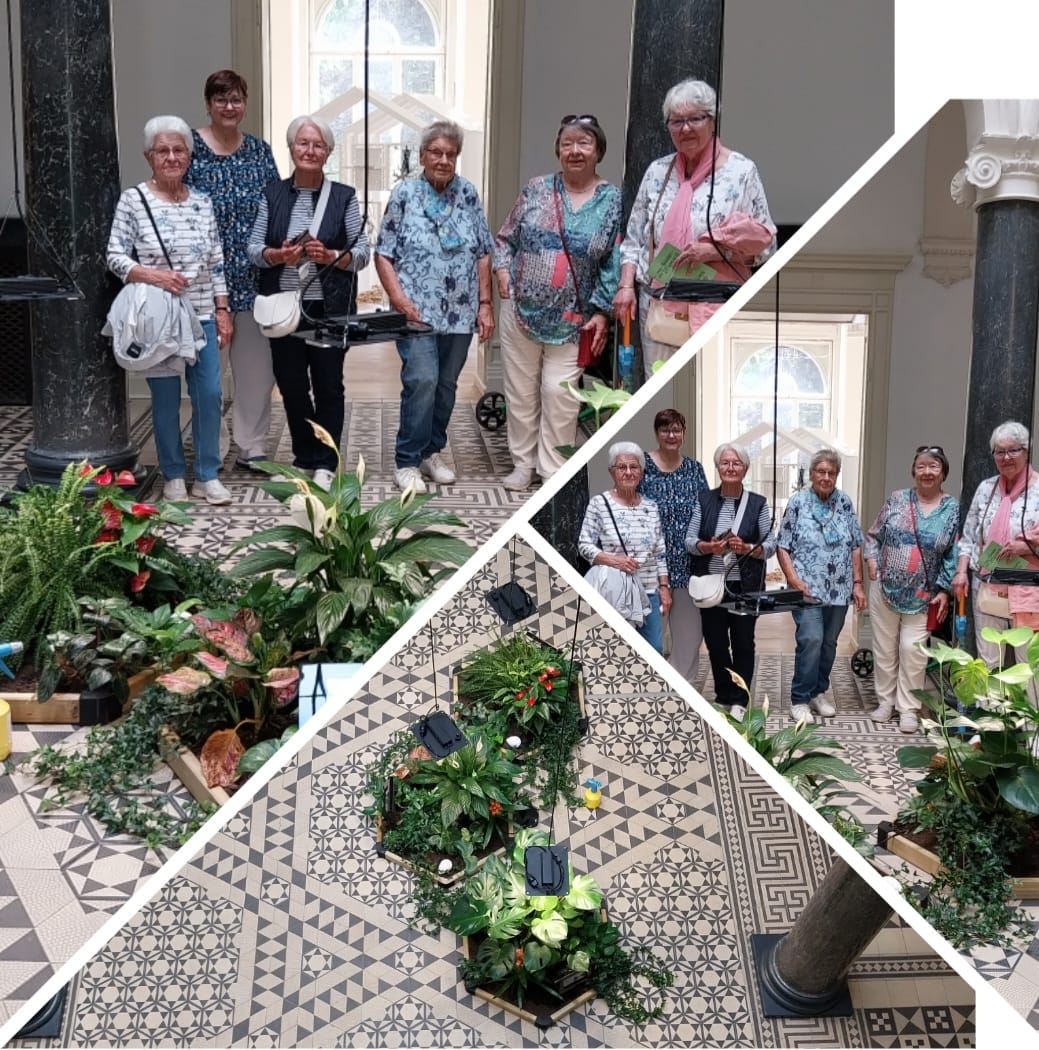 Besuch der Villa Mekel Gruppe mit 6 älteren Damen. Davor verschiedene Pflanzen in einzelen Pflanzkübeln.