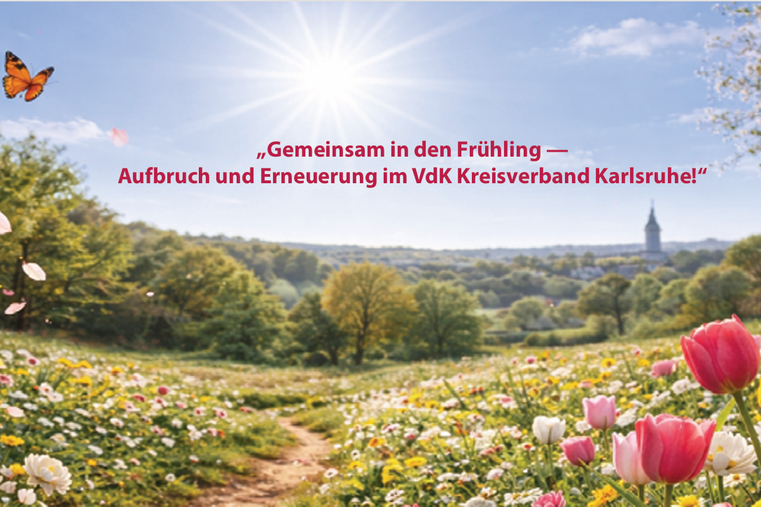 Wiese mit zahlreich bunt bl&uuml;henden Tulpen, im Hintergrund ein Wald, blauer Himmel und ein Schmetterling