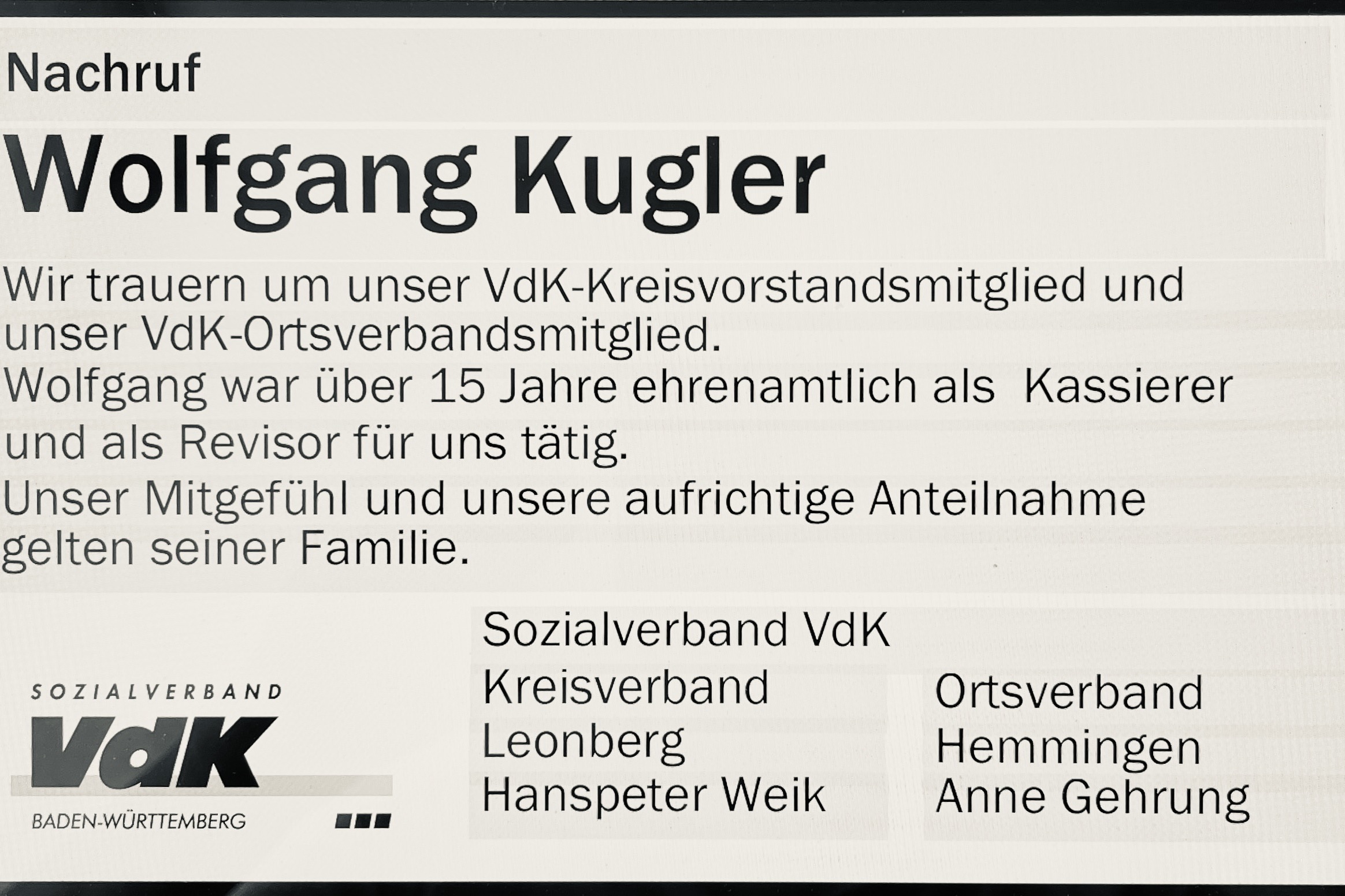 Nachruf Wolfgang Kugler