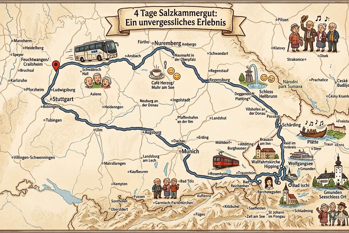 Unsere Route Darstellung der Route mit Routenverlauf. Rechts oben singende Personen. Skizierte Darstellung einiger Programmpunkte