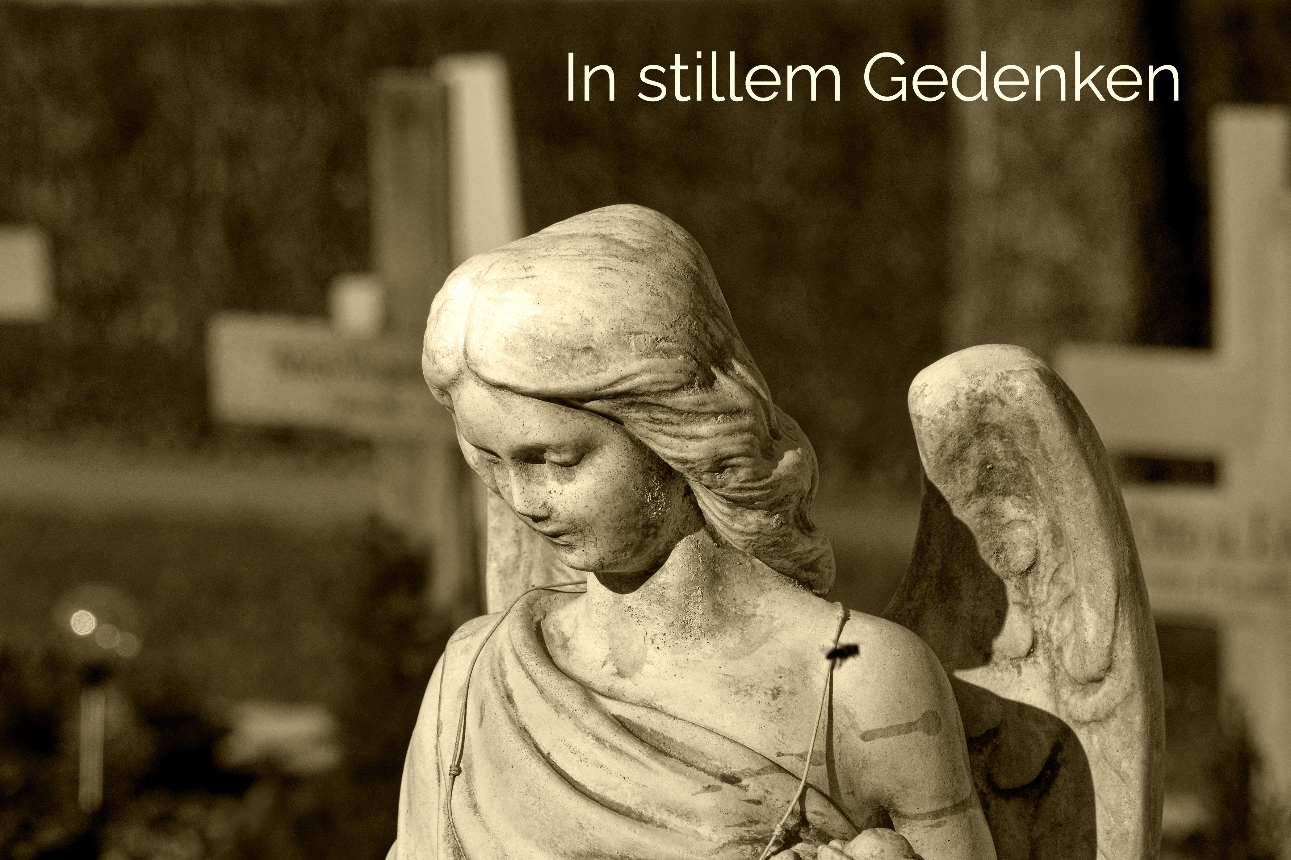 Eine Engelsfigur auf einem Friedhof, dazu der Schriftzug "In stillem Gedenken"