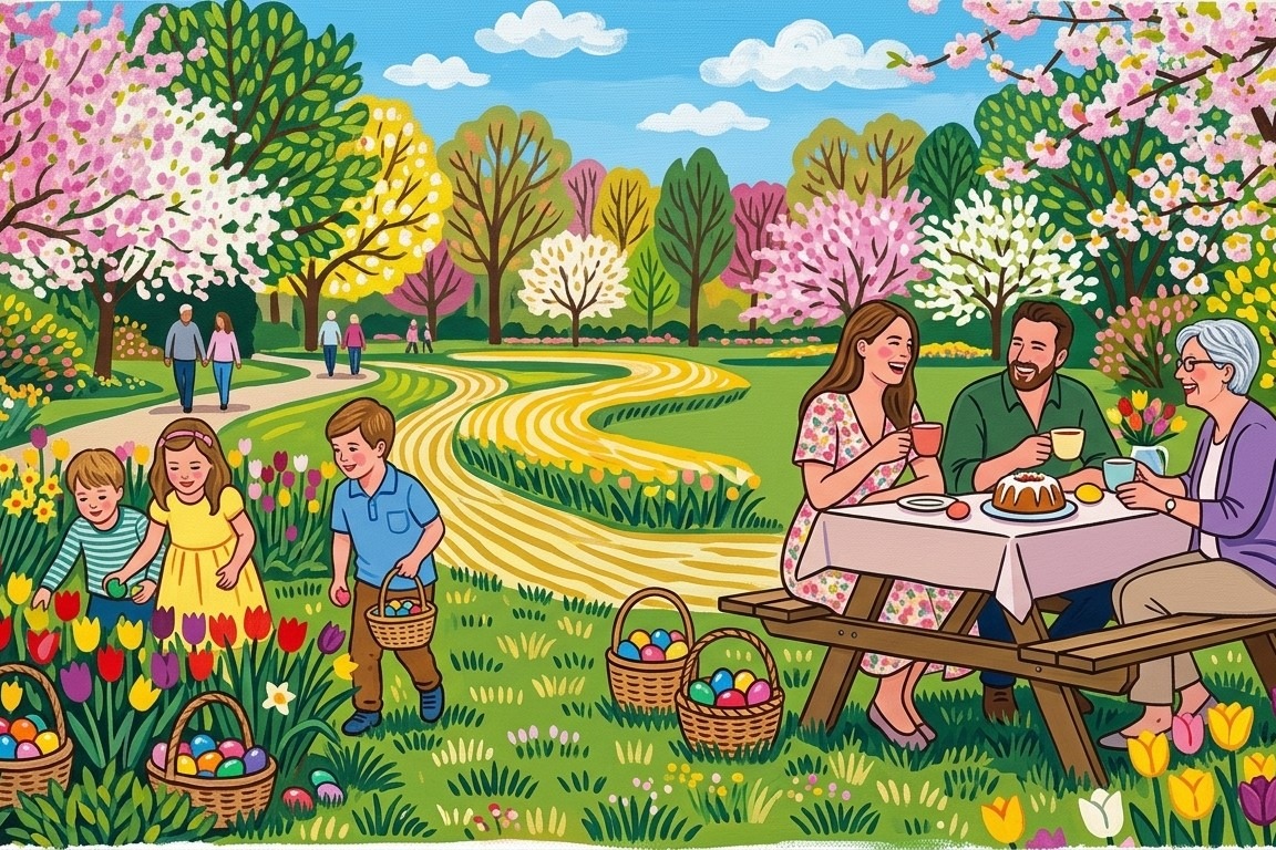 Ostern im Freien Frühlingslandschaft, Tulpen und blühende Bäume. Rechts drei Personen am Tisch bei Kaffee und Kuchen. Links Kinder bei der Ostereiersuche.