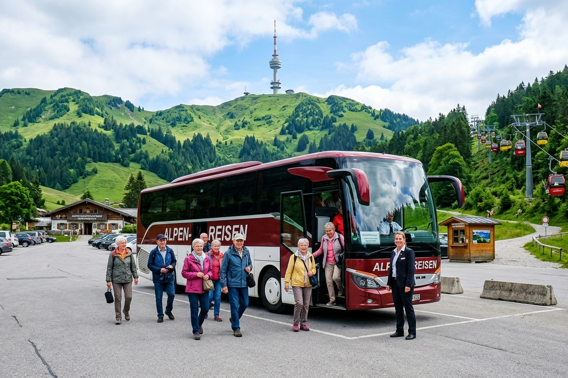 Senioren steigen aus dem Bus auf einem Parkplatz in den Bergen