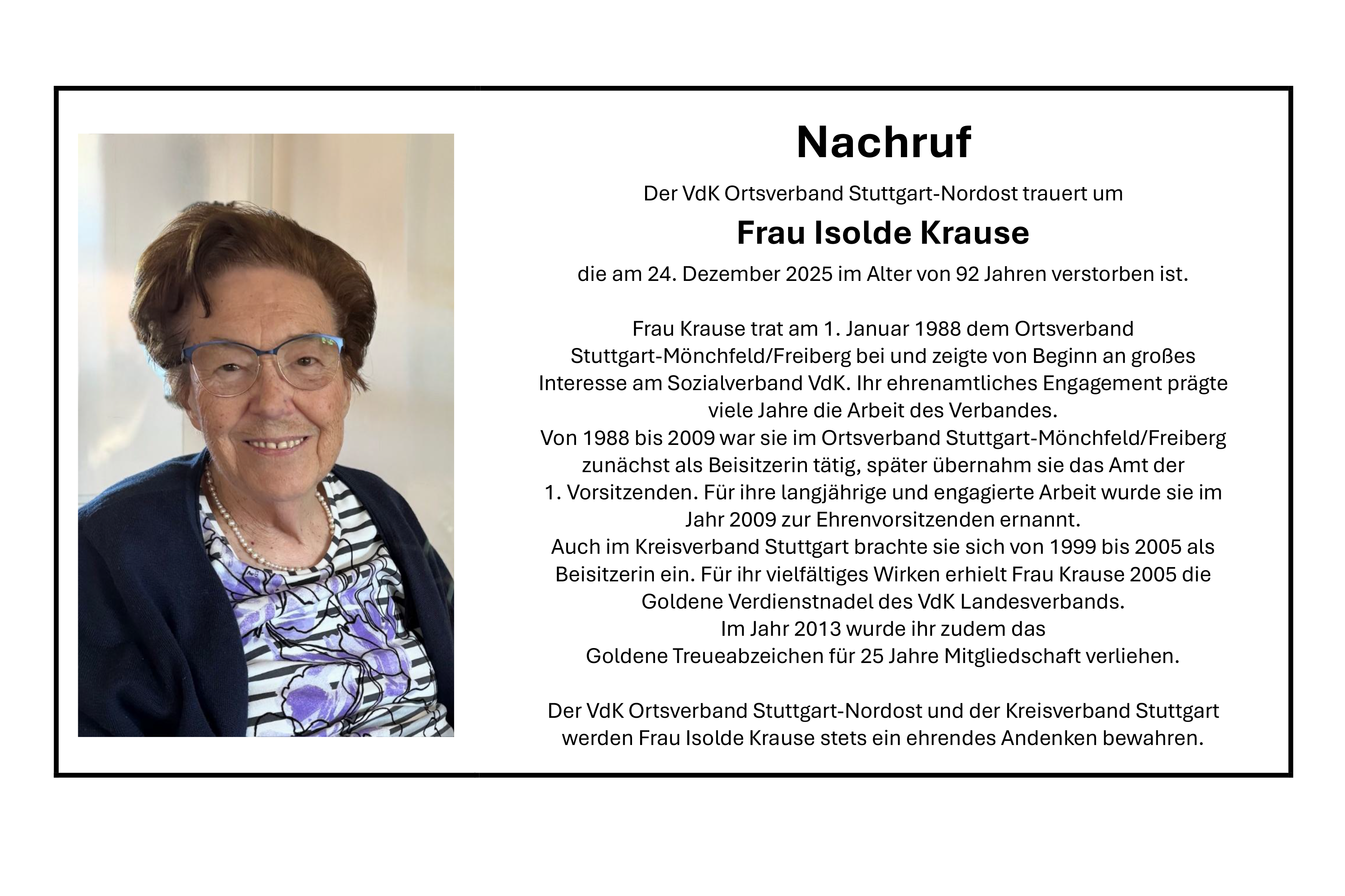Nachruf mit Foto von Frau Isolde Krause