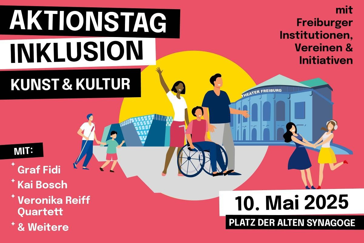 Einladung zum Aktionstag Inklusion am 10. Mai Flyer des Aktionstages, roter Hintergrund, in der Mitte eine Zeichnung einer Rollstuhlfahrerin, links von ihr eine BPOC Frau mit zum Gruß hoch erhobenem rechten Arm, rechts ein Mann, alle lächeln, weiter rechts davon zwei Frauen, die sich wie zum Tanz an den Händen halten, weiter links eine Frau mit einem Langstock rechts, links hat sie ein Kind an der Hand oder umgekehrt, das Stadtheater und die Unibibliothek im näheren Hintergrund