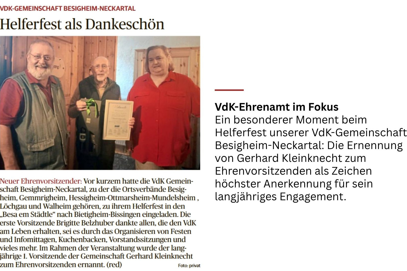 Screenshot eines Zeitungsartikels der VdK-Gemeinschaft Besigheim-Neckartal im 16:9-Format. Links ist ein Foto von drei Personen in einem rustikalen Raum zu sehen: Die erste Vorsitzende Brigitte Belzhuber (rechts) steht neben dem langj&auml;hrigen Vorsitzenden Gerhard Kleinknecht (Mitte), der eine Ehrenurkunde und ein Pr&auml;sent h&auml;lt. Darunter steht der Artikeltext zur Ernennung von Kleinknecht zum Ehrenvorsitzenden beim Helferfest. Auf der rechten Bildh&auml;lfte wird der Inhalt in einem separaten Textblock unter der &Uuml;berschrift &bdquo;VdK-Ehrenamt im Fokus&ldquo; zusammengefasst und gew&uuml;rdigt.